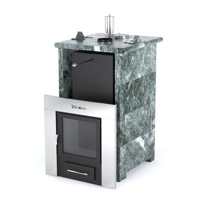 Газовая печь для бани ИзиСтим «Сочи» в трёхстороннем кожухе из змеевика в Клине